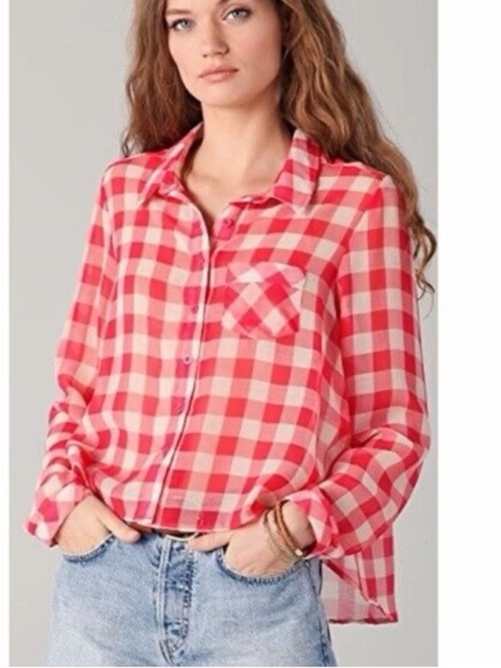 NWOT SIZE M Free People Pink and Cream Plaid Button-Down Shirt
